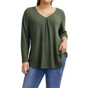 TEMOFON Womens Long Sleeve Plus Size Pleat Design Tops Casual Crewneck Shirts Waffle Knit Tops