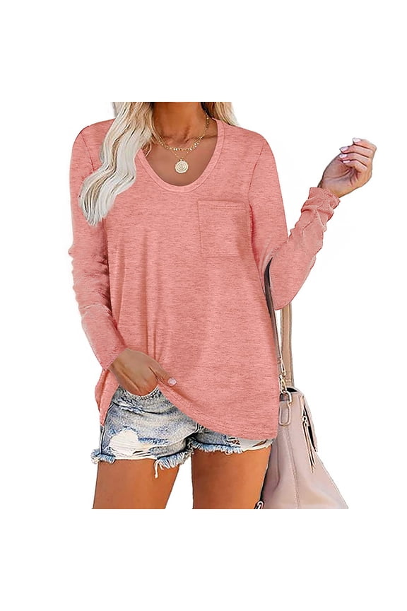 Womens Long Sleeve Round Neck Shirts Loose Fitting Plain Tops Casual Blouse Fall Clothes With Pocket Oversized Pink Tshirt for Women