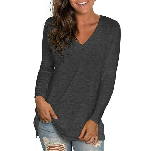TEMOFON Womens Long Sleeve Shirt V neck fall tops Going Out Tops for Women Plain Color Basic Top Dark Gray Fashion Tunics Tee Fall Blouse