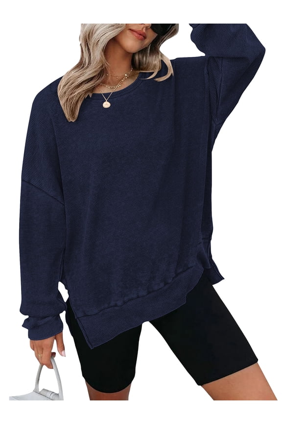 Womens Long Sleeve Shirts Blouse Oversized Tops Waffle Knit Crew Neck Sweatshirts Fashion Side Slits Casual Pullover Dark Blue