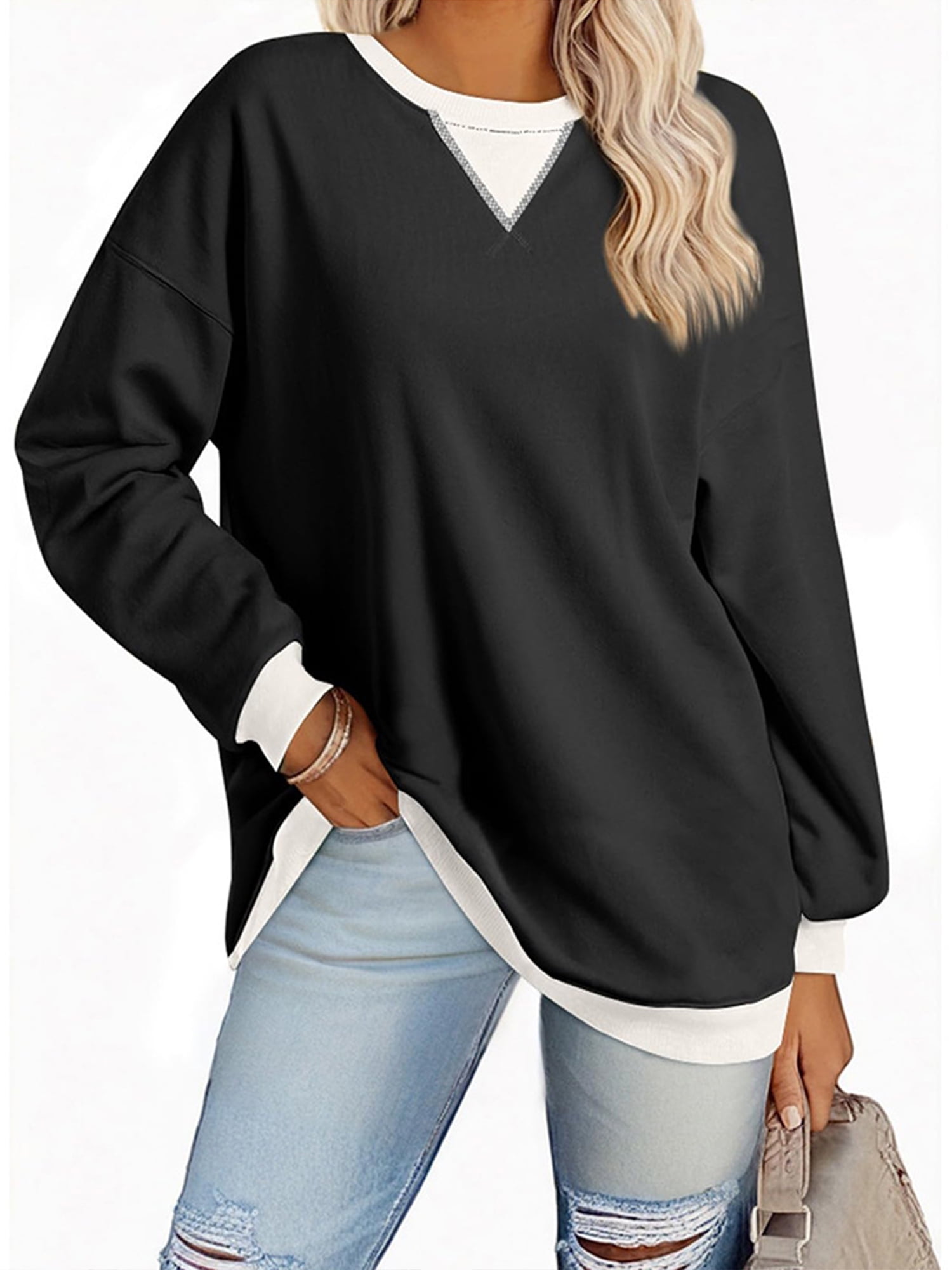 SHIBEVER Womens Sweatshirts Oversized Long Sleeve Tops Color Block Pullover Tops Casual Crewneck Shirts Fall Clothing Tunic Tops Size XL
