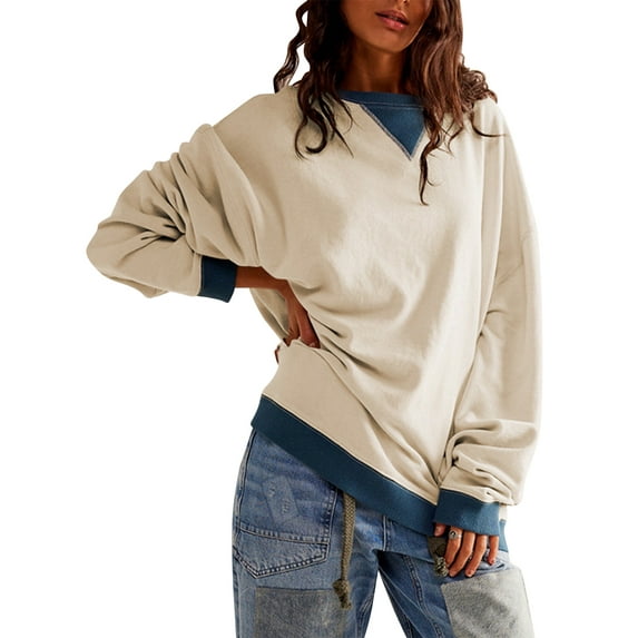 SHIBEVER Womens Oversized Sweatshirts Pullover Tops Color Block Oversized Crewneck Long Sleeve Shirts for Women Fall Clothes Tunic Tops Size L