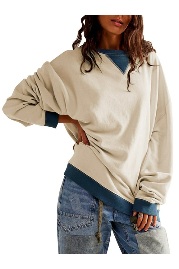 Womens Oversized Sweatshirts Pullover Tops Color Block Oversized Crewneck Long Sleeve Shirts for Women Fall Clothes Tunic Tops Size XL