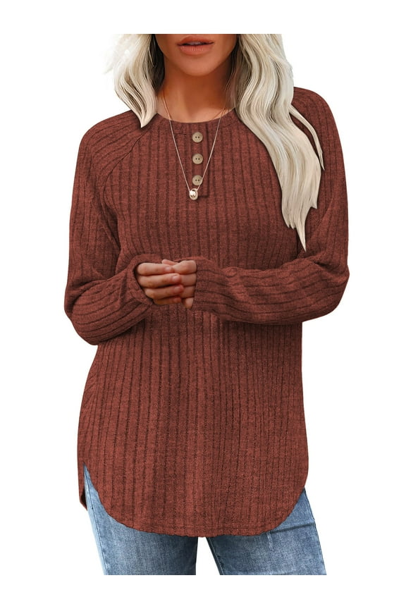 Womens Long Sleeve Sweaters Loose Fit Dressy Casual Button Sweater Crew Neck Pullover Basic Sweaters for Women 2025