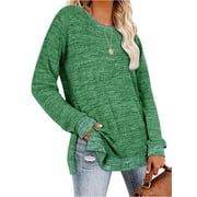 TEMOFON Womens T Shirts Casual Long Sleeve Tunic Tops Fashion Crew Neck Side Split Shirts Fall Green Loose Sweatshirts for Women