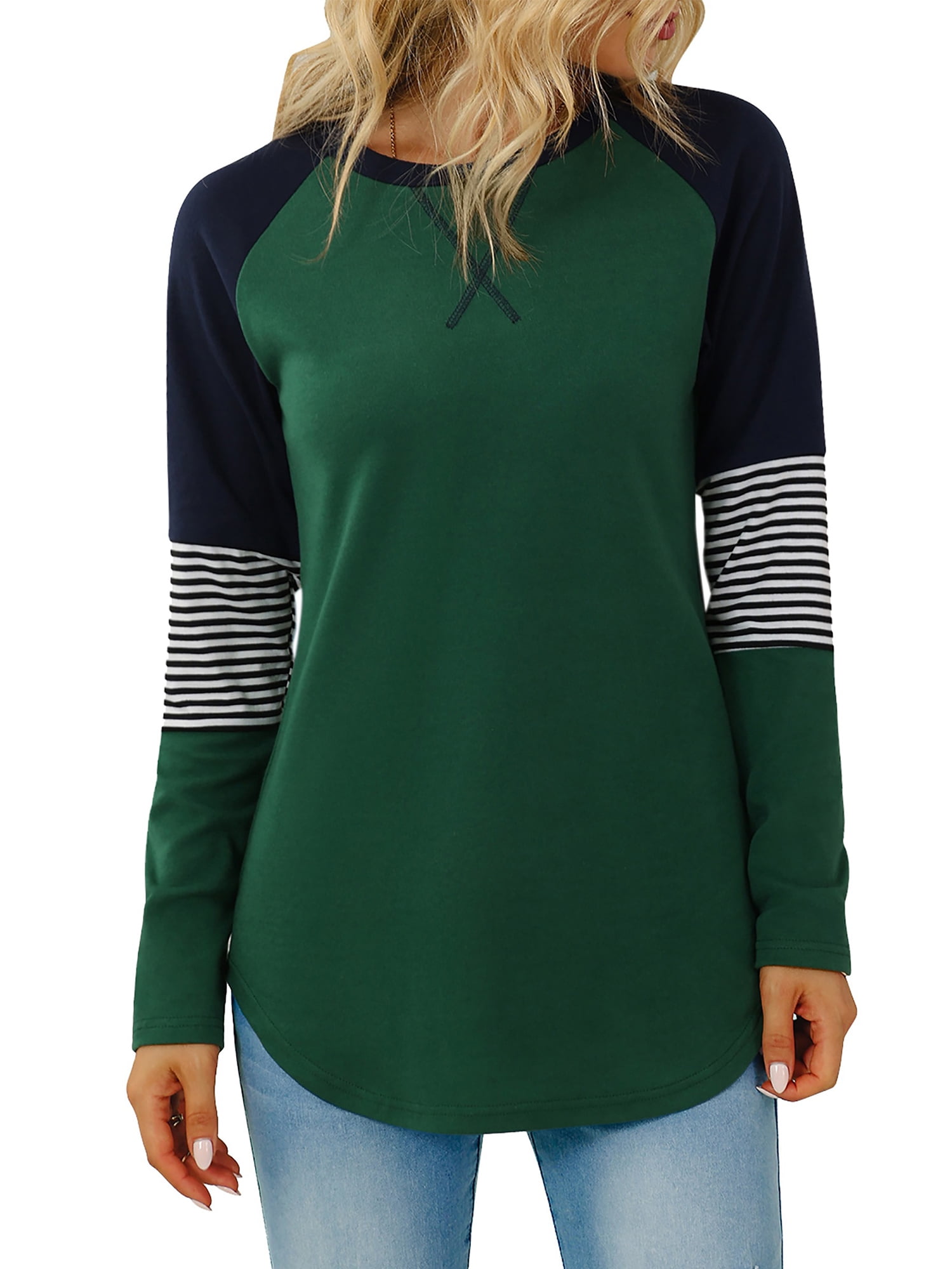 Women's Green Horizontal Striped Round Neck Acrylic Top