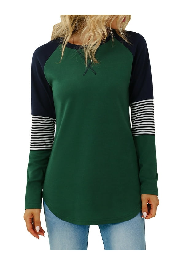 Womens Long Sleeve Tops Casual Crewneck Tunic T Shirt Fall Color Block Raglan Striped Sweatshirts Tops for Women