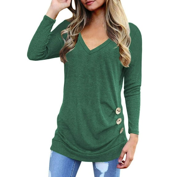 TEMOFON Womens Long Sleeve Tops Casual V Neck Shirts Fall Solid Tunic Tops Fashion Blouse with Side Buttons Decor Green Tees