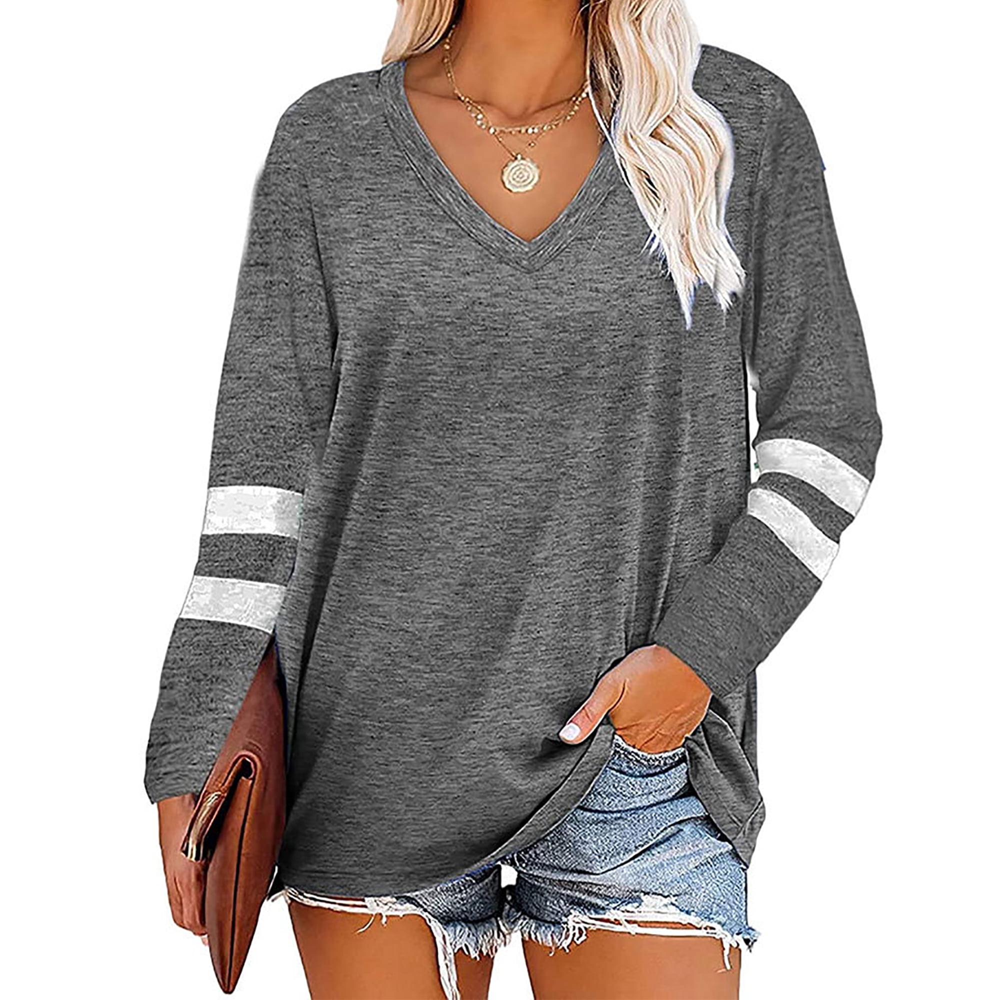 TEMOFON Womens Long Sleeve Tops Color Block Baseball Tee Plus Size Top