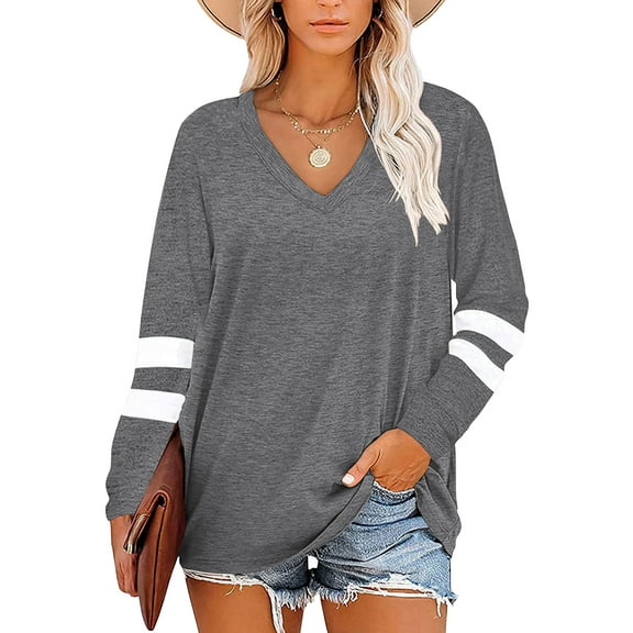 TEMOFON Womens Long Sleeve Tops Color Block V Neck Tops for Women Shirts Casual Tunic Tops Trendy Fall Grey T Shirt Blouses Pullover Sweatshirts Dressy Size L