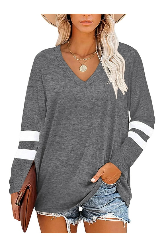 Womens Long Sleeve Tops Color Block V Neck Tops for Women Shirts Casual Tunic Tops Trendy Fall Grey T Shirt Blouses Pullover Sweatshirts Dressy Size XL