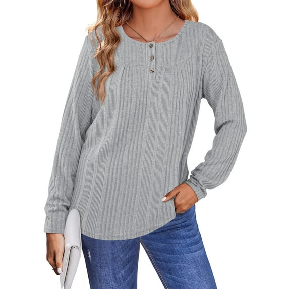 TEMOFON Womens Long Sleeve Tops Fall Button Crew Neck Henley Shirts Casual Lightweight Sweaters Tunic Tops for Women M