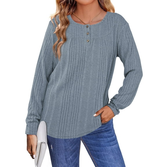 TEMOFON Womens Long Sleeve Tops Fall Dressy Casual Crew Neck Henley Shirts Lightweight Soft Sweaters Loose Pullover Tops M
