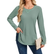 TEMOFON Womens Long Sleeve Tops Fall Waffle Knit Crew Neck Shirts Casual Loose Fit Side Slit Pullover Ladies Tunic Tops S