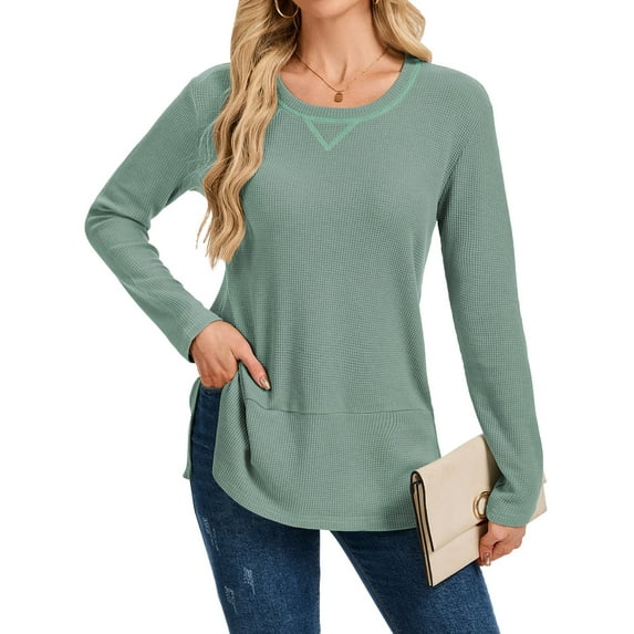 TEMOFON Womens Long Sleeve Tops Fall Waffle Knit Crew Neck Shirts Casual Loose Fit Side Slit Pullover Ladies Tunic Tops S