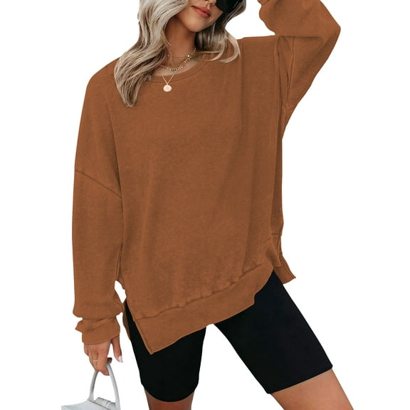 TEMOFON Womens Long Sleeve Tops Sweatshirts Waffle Knit Crew Neck Fashion Side Slits Casual Pullover Brown