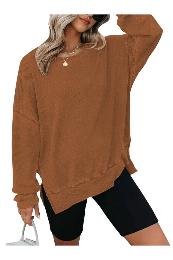 Womens Long Sleeve Tops Sweatshirts Waffle Knit Crew Neck Fashion Side Slits Casual Pullover Brown