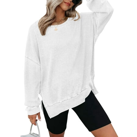 TEMOFON Womens Long Sleeve Tops Sweatshirts Waffle Knit Crew Neck Fashion Side Slits Casual Pullover White