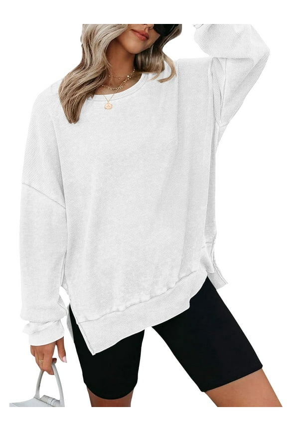 Womens Long Sleeve Tops Sweatshirts Waffle Knit Crew Neck Fashion Side Slits Casual Pullover White