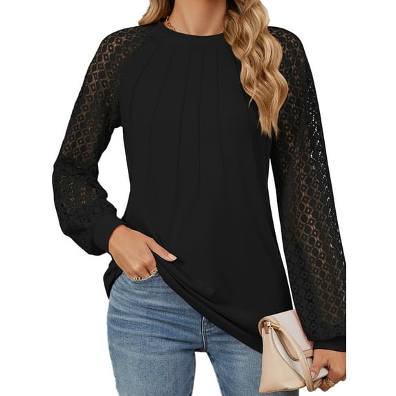 TEMOFON Womens Long Sleeve Tops Business crew neck Blouses 2024 Casual tunic shirts Lace Work Shirts Fall Clothes Black