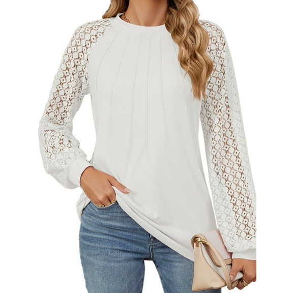 TEMOFON Womens sweater Tops Long Sleeve tunic shirts Business crew neck Blouses 2024 Casual Lace Work Shirts Fall Clothes white