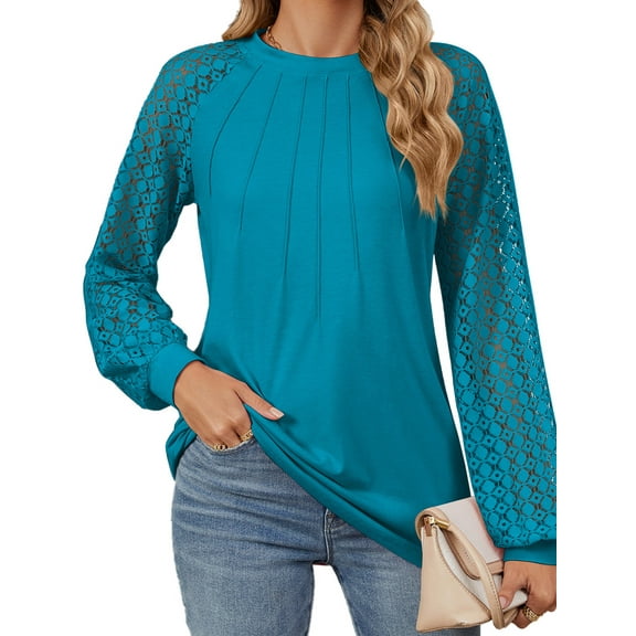 TEMOFON Womens Long Sleeve shirts Business crew neck Blouses 2024 Casual tunic top Lace Work Shirts Fall Clothes PEACOCK BLUE