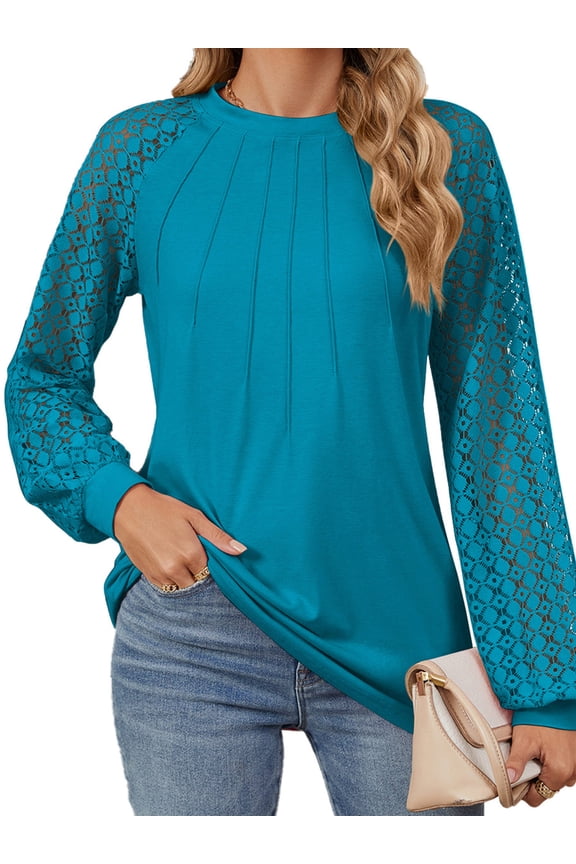 Womens Long Sleeve shirts Business crew neck Blouses 2024 Casual tunic top Lace Work Shirts Fall Clothes PEACOCK BLUE