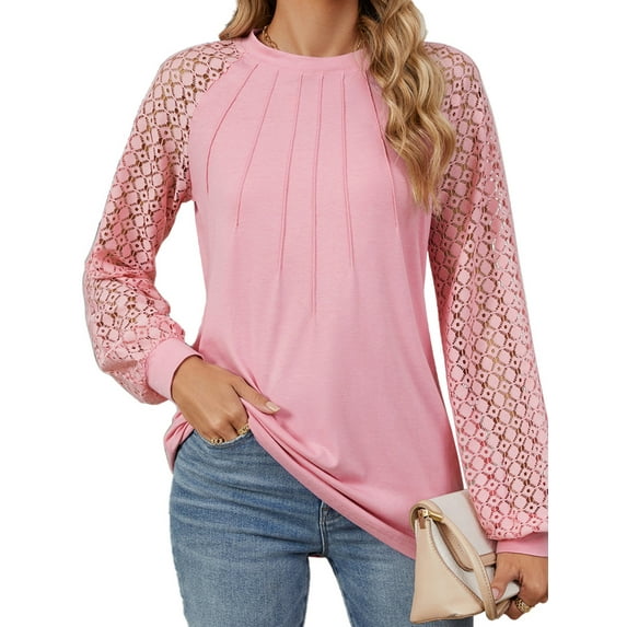 TEMOFON Womens sweater Tops Long Sleeve tunic shirts Business crew neck Blouses 2024 Casual Lace Work Shirts Fall Clothes pink