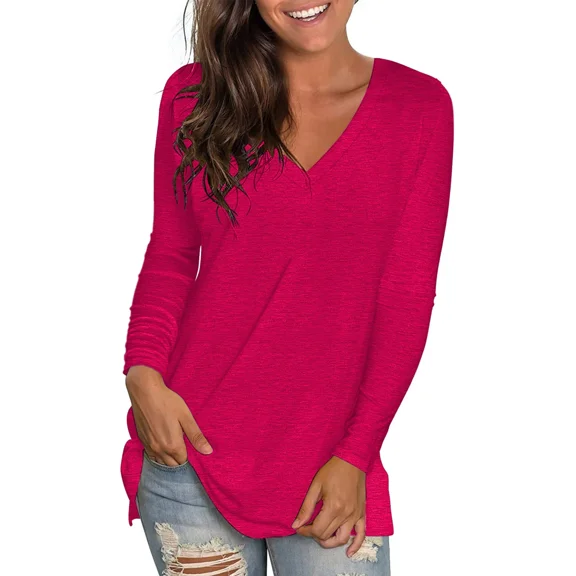 TEMOFON Womens Long Sleeve tops V neck Shirt fall tops Going Out Solid Color sweater Basic Fashion Tunic Blouse clothes for women