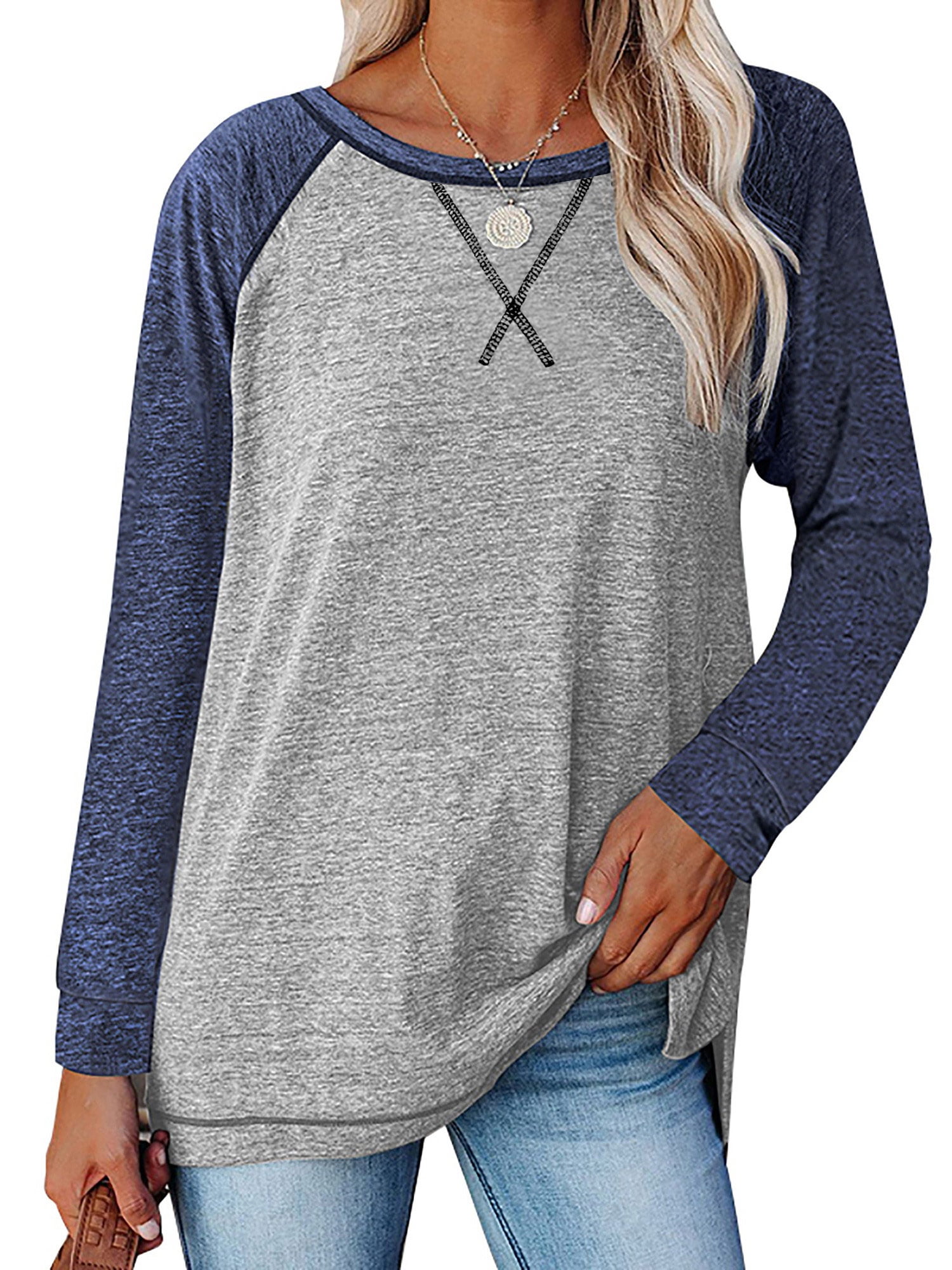 TEMOFON Long Sleeve Tops for Women Casual Crew Neck T Shirts Fall Color Block Tunic Tops Casual Gray Loose Shirts for Women