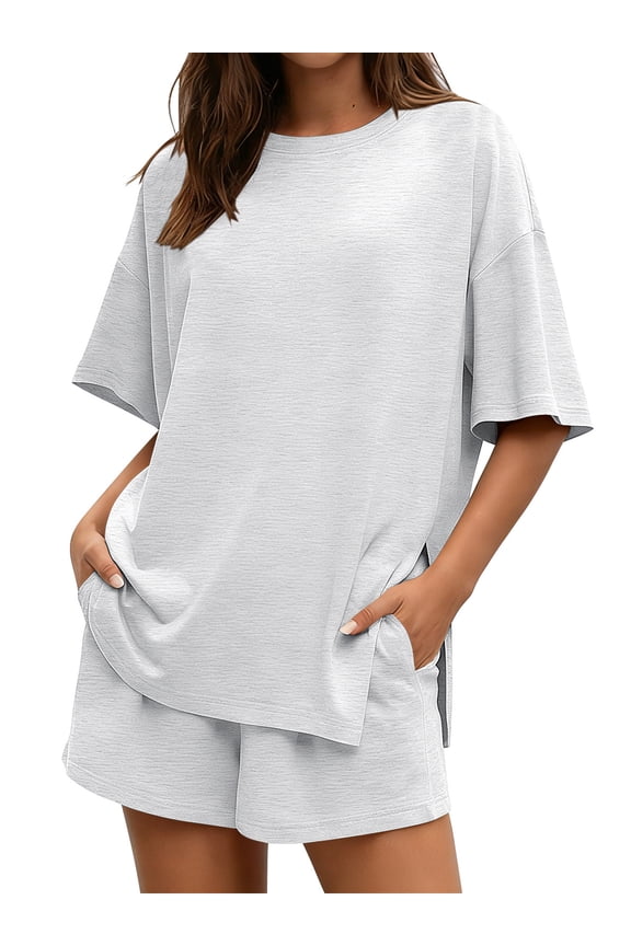 Womens Lounge Sets Summer Crewneck Short Sleeve Oversized Tshirts Loose Drawstring Shorts Comfy 2 Piece Sets S