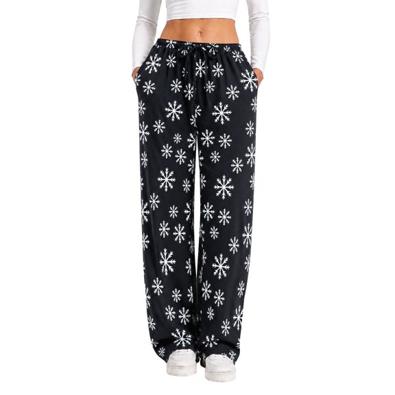 TEMOFON Womens Low Rise Wide Leg Sweatpants Drawstring Elastic Waist Casual Lounge Pants Snowflake Print with Pockets Snowflake