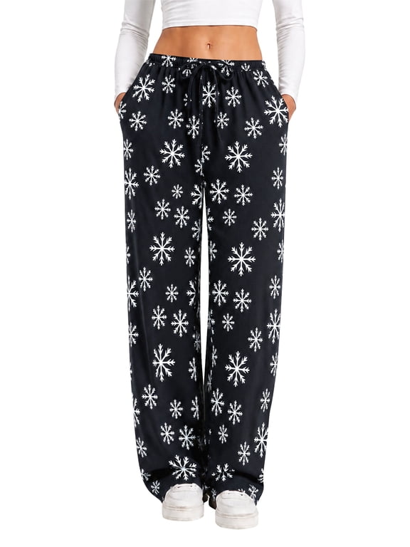 Womens Low Rise Wide Leg Sweatpants Drawstring Elastic Waist Casual Lounge Pants Snowflake Print with Pockets