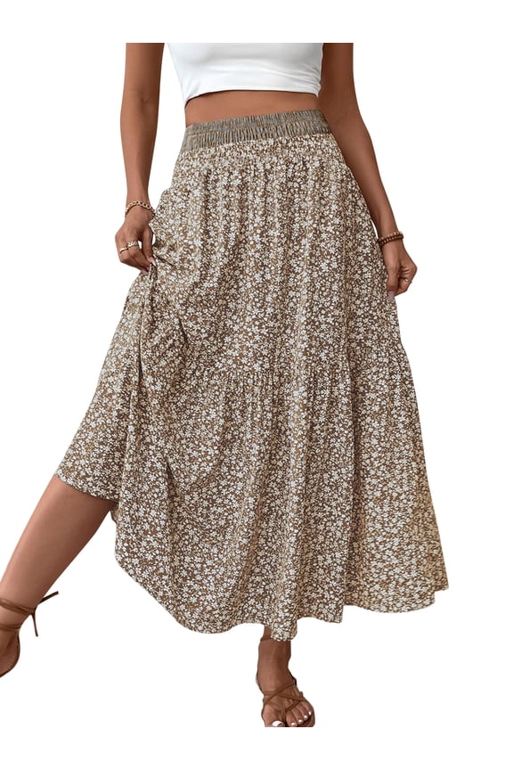 Womens Maxi Skirt Tiny Floral Casual Elastic Waist With Pockets Ruffled Hem Ladies A-Line Long Skirts for womens clothes Summer