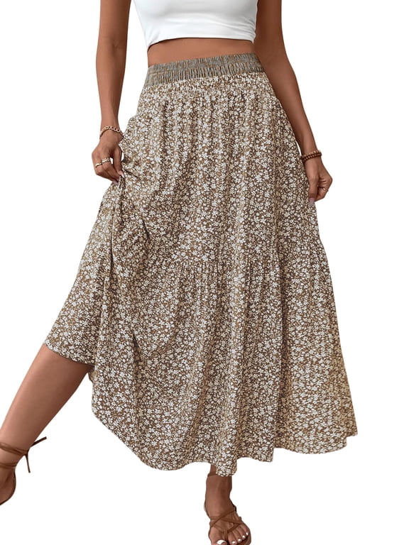 Womens Maxi Skirt Tiny Floral Casual Elastic Waist With Pockets Ruffled Hem Ladies A-Line Long Skirts for womens clothes Summer