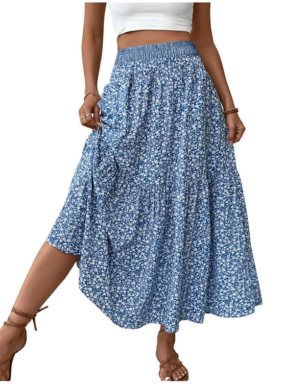 Womens Maxi Skirt Tiny Floral Casual Elastic Waist Ruffled Hem Ladies Summer A-Line Long Skirts