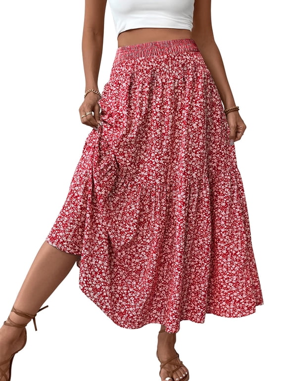 Womens Maxi Skirt Tiny Floral Casual Elastic Waist Ruffled Hem Ladies Summer A-Line Long Skirts Womens Clothes