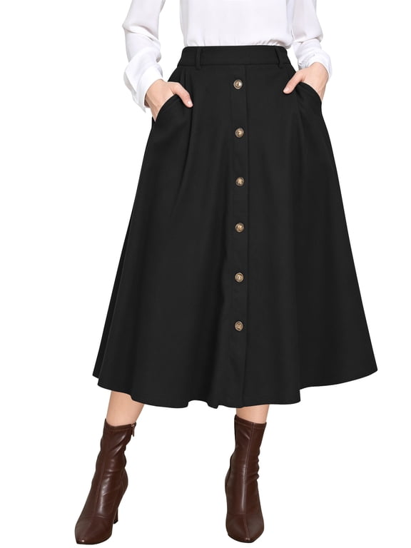 Womens Midi Skirt High Waisted A Line Skirt Button Front Long Skirt Casual Winter Skirt Fall Fashion Skirt for Women Black