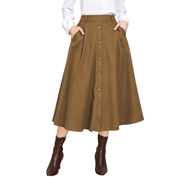 TEMOFON Womens Midi Skirt High Waisted A Line Skirt Button Front Long Skirt Casual Winter Skirt Fall Fashion Skirt for Women Brown
