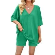 TEMOFON Womens Pajamas Lounge Sets 2 Pieces Oversize Loungewear Matching Outfits T Shirt Biker Shorts Sleepwear Sweatsuits