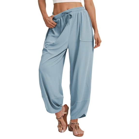 TEMOFON Womens Pants Casual Loose Wide Leg Cropped Palazzo Beach Pants for Womens Clothes Trendy Waffle Knit Harem Pants with Pocket Drawstring Trousers Adjustable Waisted Slacks