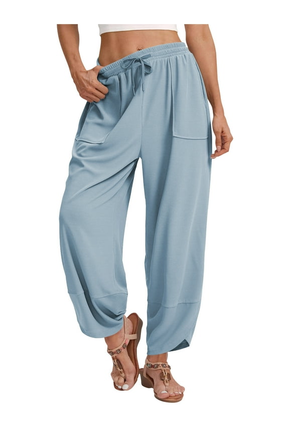 Womens Pants Casual Loose Wide Leg Cropped Palazzo Beach Pants for Womens Clothes Trendy Waffle Knit Harem Pants with Pocket Drawstring Trousers Adjustable Waisted Slacks