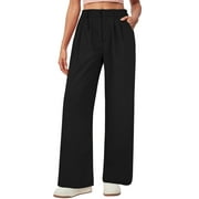 TEMOFON Womens Pants Casual Wide Leg Dress Pants Black Loose Lightweight Comfort Trousers Flowy Work Dress Pant L