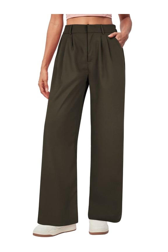 Womens Pants Casual Wide Leg Dress Pants Loose Lightweight Comfort Trousers High Waisted Brown Comfort Slacks M