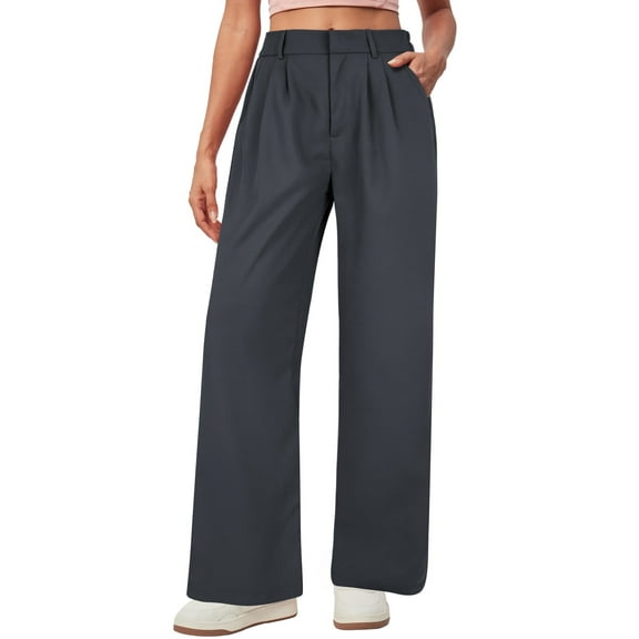 TEMOFON Womens Pants Casual Wide Leg Dress Pants Palazzo Summer Comfy Lounge Pants Business Grey Work Trousers M