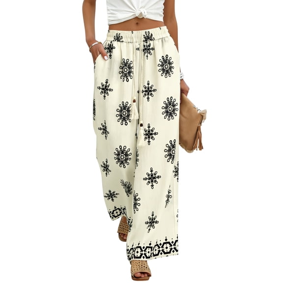 TEMOFON Womens Pants Fall Wide Leg Flowy High Waisted Boho Pants for womens with Pockets Loose Elastic Waist Drawstring Palazzo White L