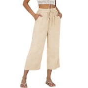 TEMOFON Womens Pants Summer Capri Pants Waisted Drawstring Linen Pants Women Wide Leg Casual Pants with Pockets L