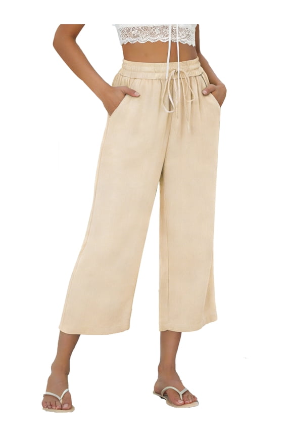 Womens Pants Summer Capri Pants Waisted Drawstring Linen Pants Women Wide Leg Casual Pants with Pockets L