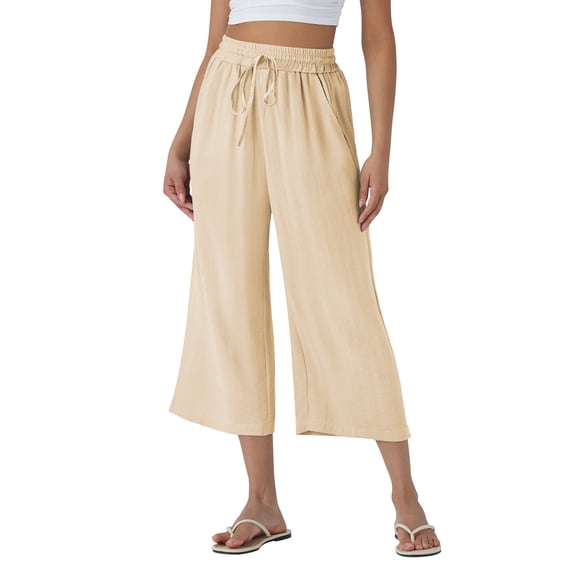 TEMOFON Womens Pants Summer Capri Pants Waisted Drawstring Linen Pants Women Wide Leg Casual Pants with Pockets S