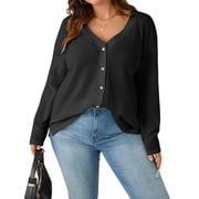 TEMOFON Womens Plus Size Long Sleeve Button Down Knit Cardigan for Women V Neck Waffle Knit Tops